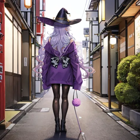 japan city street, purple jacket, sleeve covering hands