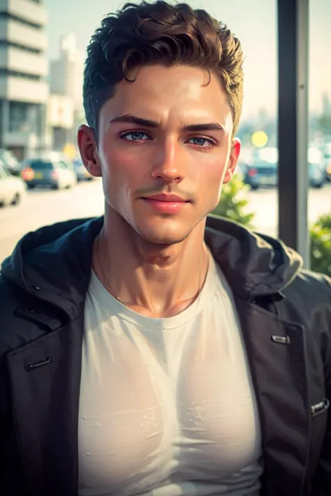 ((masterpiece)), ((best quality:1.2)), High Resolution, 8k, (ultra_realistic:1.3), (photorealistic:1.4), (instagram model, handsome:1.2), sharp focus, a close up photo of (Nick Topel, nicktopelkm), wearing hoodie, outdoors, dynamic pose, cityscape, urban, white sportscar beside, buildings in the background, ((looking at viewer)), smile, <lora:NickTopelKM:0.8>