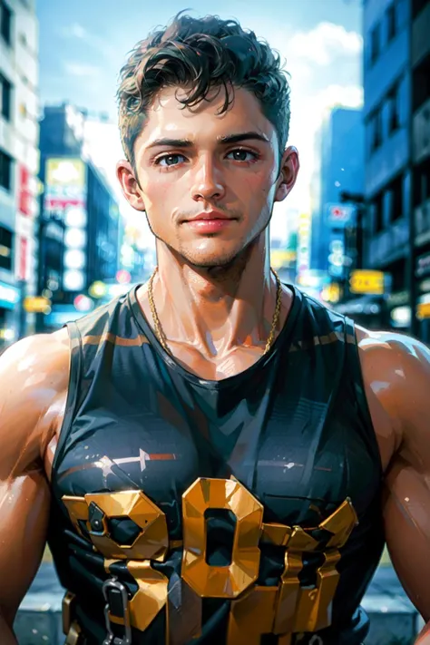 ((masterpiece)), ((best quality:1.2)), High Resolution, 8k, (ultra_realistic:1.3), (photorealistic:1.4), (instagram model, handsome:1.2), sharp focus, a photo of (nicktopelkm), sleeveless military camouflage tank top, new york city, urban place, outdoors, daytime, grinning, smooth facial expression, ((looking at viewer)), <lora:NickTopelKM:0.8>