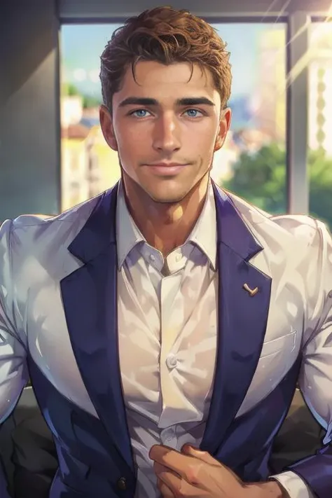 Disney, animation, expressive eyes, perfect face, 
1man, handsome man, looks like Nick Topel, nicktopelkm, formal clothes, happy expression, smirk, POV, from above, 
close up shot, detailed background, cozy bedroom, depth of field, daytime, sunshine, 
 <lora:NickTopelKM:0.8>, <lora:hand_on_anothers_head_v0.1:1>