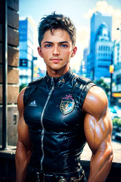 ((masterpiece)), ((best quality:1.2)), High Resolution, 8k, (ultra_realistic:1.3), (photorealistic:1.4), (instagram model, handsome:1.2), sharp focus, a photo of (nicktopelkm), sleeveless police uniform, new york city, urban place, outdoors, daytime, grinning, smooth facial expression, ((looking at viewer)), <lora:NickTopelKM:0.8>