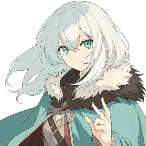 jiaocha, 1girl, solo, hood, hood up, fur trim, white background, simple background, bangs, looking at viewer, green eyes, closed mouth, cloak, hair between eyes, grey hair, long sleeves, gloves, upper body, hooded cloak, hand up, short hair, cape, long hair, smile, sidelocks, portrait, aqua eyes, white hair, fur-trimmed cloak, floating hair, looking to the side, fur-trimmed cape, colored skin