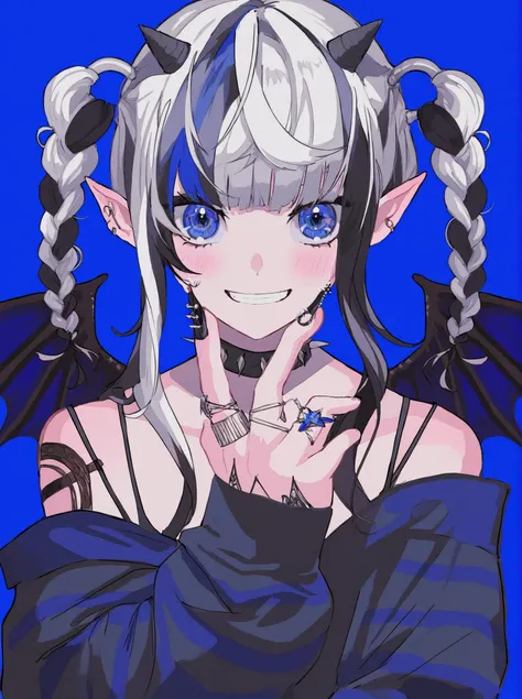 masterpiece,best quality,1girl, upper_body, solo, grin, smile, blush, blue_eyes, horns, earrings, ear_piercing, jewelry, bangs, braid, streaked_hair, multicolored_hair, pointy_ears, off_shoulder, black_nails, demon_wings, looking_at_viewer, blue_background