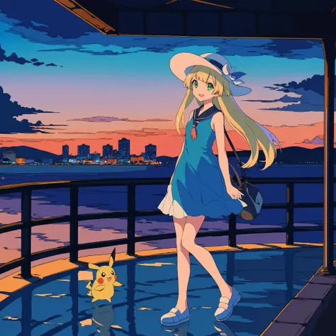 jiaocha, 1girl, lillie \(pokemon\), long hair, hat, dress, pokemon \(creature\), sky, sleeveless dress, blonde hair, outdoors, sleeveless, cosmog, open mouth, white headwear, green eyes, bag, white dress, sun hat, water, braid, standing, city, socks, bangs, night, cloud, cityscape, sunset, looking back, blunt bangs, kneehighs, building, city lights, shoes, duffel bag, twin braids, mountain, ocean, smile, bare arms, collared dress, letterboxed, poke ball theme, :d, full body, walking, white footwear, skyline, beach, twilight, evening, road, night sky, from behind, looking at viewer, scenery, sundress, shore, skyscraper, shadow, star \(sky\), blue footwear, bare shoulders, horizon, river, reflection, orange sky, handbag, town, mountainous horizon, short dress, looking to the side, sparkle, blush, shoulder bag, gradient sky, blue sky, sand, see-through, tree