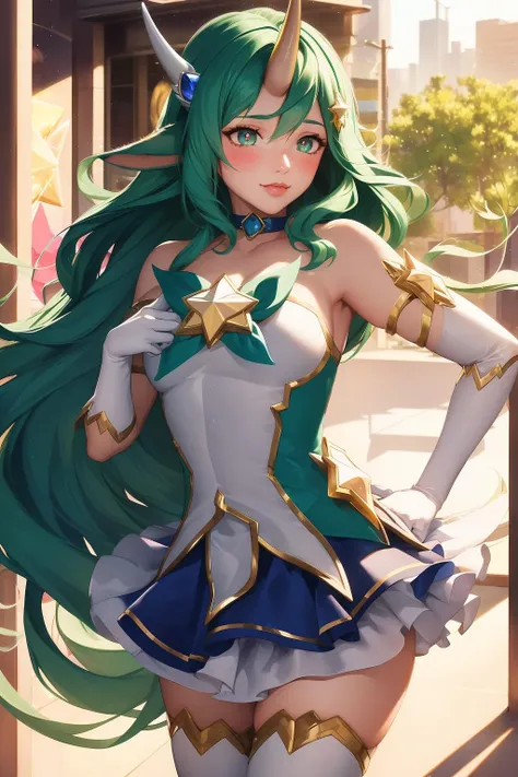 Melhor qualidade, super detalhe, obra de arte, Ultra HD, 8k, 1 garota, concentre-se na garota, Bikini, Star Guardian Lulu, League of Legends, look sexy, super sensual, roupa curta, na praia, exibindo as coxas, emphasis on the thighs.