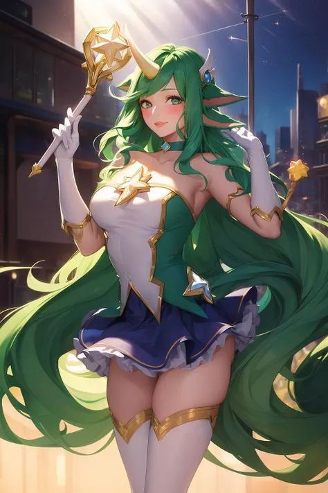 (solo, 1girl), (absurdres, ,highres, official wallpaper, poster), (masterpiece, best quality:1.2), (illustration, realistic), (perfect details, highest detailed, extreme detailed), dramatic light,<lora:starguardiansoraka:1>, starguardiansoraka, (white thighhighs, elbow gloves, (hair ornament), star guardian \(league of legends\), chocker, green hair, long hair,  horn, chest jewel, star \(symbol\)), (skirt, dress, wand, holding wand), (seducticve smile , blush, city, street, shop, sunlight, wakling, star-shaped pupils)