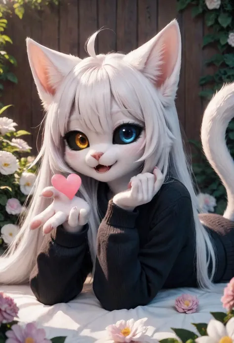 score_9, score_8_up, score_7_up, Odd-eyed cat girl, open_mouth, Black Sweater, colored sclera, white hair, long hair, heterochromia, black sclera, Furry, on stomach looking at you, blowing kiss, heart, cute, flower, Cool colors, deep scene, detailed background, photo    