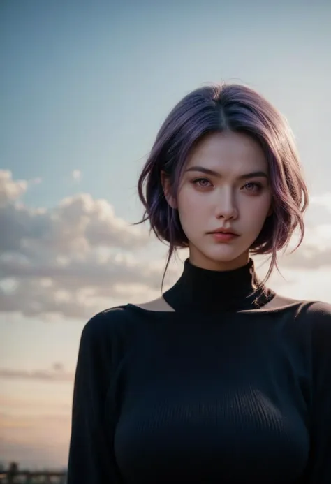 score_9, score_8_up, score_7_up, , beautiful and aesthetic:1.2, 1girl, beautiful, high detailed, purple hair with a hint of pink, pink eyes, dark lighting, serious face, looking the sky, sky, medium shot, black sweater, jewelry, realistic, photo 
 <lora:photov3:1>