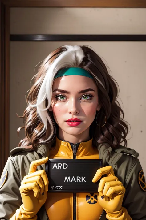 (masterpiece, best quality), intricate details,
1girl, <lora:CARTOON_X_MEN90s_Rogue-15:0.8> CARTOON_X_MENs_Rogue,ownwaifu, long hair,breasts,brown hair,green eyes,lipstick,makeup,lips,white hair,two-tone hair,headband,wavy hair,large breasts,messy hair,curly hair,big_hair, yellow bodysuit,jacket,gloves,belt,yellow gloves,green bodysuit,bodysuit,multicolored bodysuit,superhero, skin tight,multicolored clothes, ,
<lora:CONCEPT_barbie_mugshot_ownwaifu-10:0.8> concept_barbie_mugshot_ownwaifu, holding, barbie_mugshot_(meme),drop_shadow,height_mark, height_chart, nameplate, holding sign, letterboxed, looking at viewer, meme, mugshot, open mouth, solo, upper body, english text,