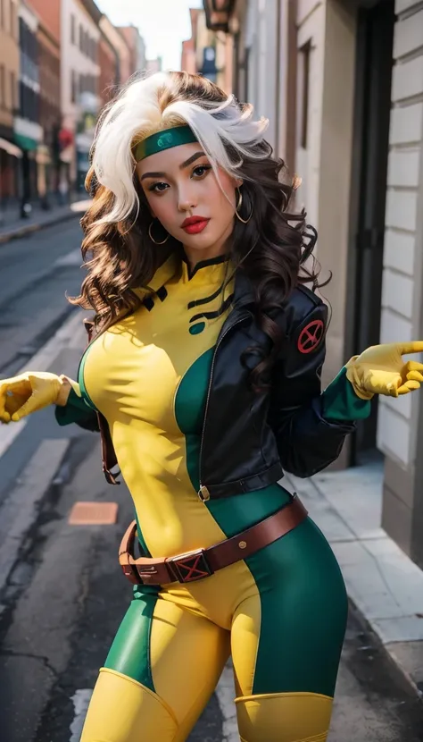 Madison Beer as Rogue (X-Men), Gothic Girl, Sculptural Body Gothic Makeup, brown jacket, yellow and green bodysuit, Masterpiece, Best Quality, Cowboy Shot, 1girl, Solo, Tenological Military Bodysuit, Fringe.