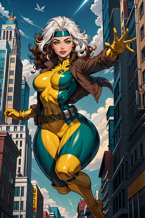 (((COMIC STYLE, CARTOON ART))), cinematic. 01 girl, solo, lonly, , A comic-style image of Rogue member of the X-Men in dynamic pose. A woman with brown hair with a white streak, green eyes and special gloves. She is flying in the sky, with clouds in the background. She wears her traditional attire with a brown leather jacket. slim body, (((Slim Hot body, sexy, sensual, camel toes ))), (((Camel Toes))). Detailed, detailed face, intricate, glowing. Cinematic background.