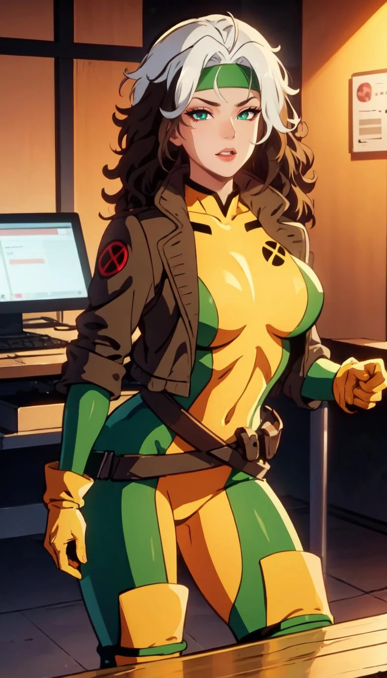 good anatomy, masterpiece, best quality, bokeh, depth of field, highres, high quality, 1girl, (anime screencap:1.2), straight-on, looking at viewer, scenery,
CARTOON_X_MENs_Rogue,ownwaifu,
long hair,breasts,brown hair,green eyes,lipstick,makeup,lips,white hair,two-tone hair,headband,wavy hair,large breasts,messy hair,curly hair,big_hair,
yellow bodysuit,jacket,gloves,belt,yellow gloves,green bodysuit,bodysuit,multicolored bodysuit,superhero, skin tight,multicolored clothes, <lora:CARTOON_X_MEN90s_Rogue-15:1>