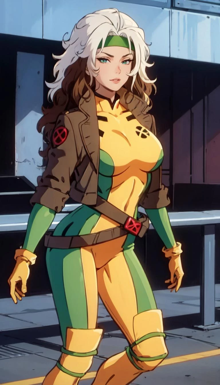 good anatomy, masterpiece, best quality, bokeh, depth of field, highres, high quality, 1girl, (anime screencap:1.2), straight-on, looking at viewer, scenery,
CARTOON_X_MENs_Rogue,ownwaifu,
long hair,breasts,brown hair,green eyes,lipstick,makeup,lips,white hair,two-tone hair,headband,wavy hair,large breasts,messy hair,curly hair,big_hair,
yellow bodysuit,jacket,gloves,belt,yellow gloves,green bodysuit,bodysuit,multicolored bodysuit,superhero, skin tight,multicolored clothes, <lora:CARTOON_X_MEN90s_Rogue-15:1>