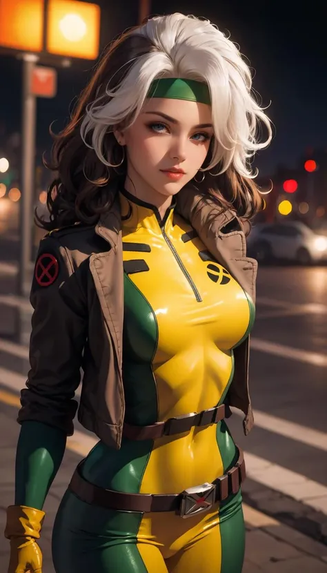 CARTOON_X_MENs_Rogue,ownwaifu,
long hair,breasts,brown hair,green eyes,lipstick,makeup,lips,white hair,two-tone hair,headband,wavy hair,large breasts,messy hair,curly hair,big_hair,
yellow bodysuit,jacket,gloves,belt,yellow gloves,green bodysuit,bodysuit,multicolored bodysuit,superhero, skin tight,multicolored clothes,
<lora:CARTOON_X_MEN90s_Rogue-15:0.9>, official art,extremely detailed CG unity 8k wallpaper, perfect lighting,Colorful, Bright_Front_face_Lighting,shiny skin, (masterpiece:1.0),(best_quality:1.0), ultra high res,4K,ultra-detailed, photography, 8K, HDR, highres, (absurdres:1.2), Kodak portra 400, film grain, blurry background, (bokeh:1.2), lens flare, (vibrant_color:1.2),professional photograph, (beautiful_face:1.5),