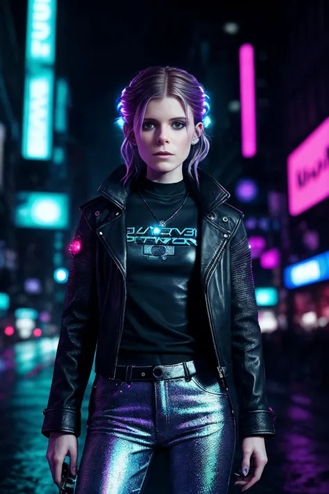 Cyberpunk Era photograph of kat3mara-135, Photon-lit curls, smoky eyes wearing tattered leather coat and pants, holographic shirt, (cybernetic eye implant),Tech-infused red district, interactive billboards, SFW, bright glossy eyes