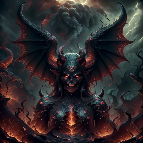 (artistic, classic art style:1.5),
(masterpiece, amazing, best quality, perfect:1.5),
devil woman, demonic, devil tail, demon wings, evil grin, menacing look,
ashes in the air, embers, black smoke, hellscape,
fire, flames, dark black rock, molten lava,
<lora:DemonicTech-20:0.6> demonictech, scifi, <lora:devilish-wing-style-darquelilly-v1:0.8>,
EyeDetail