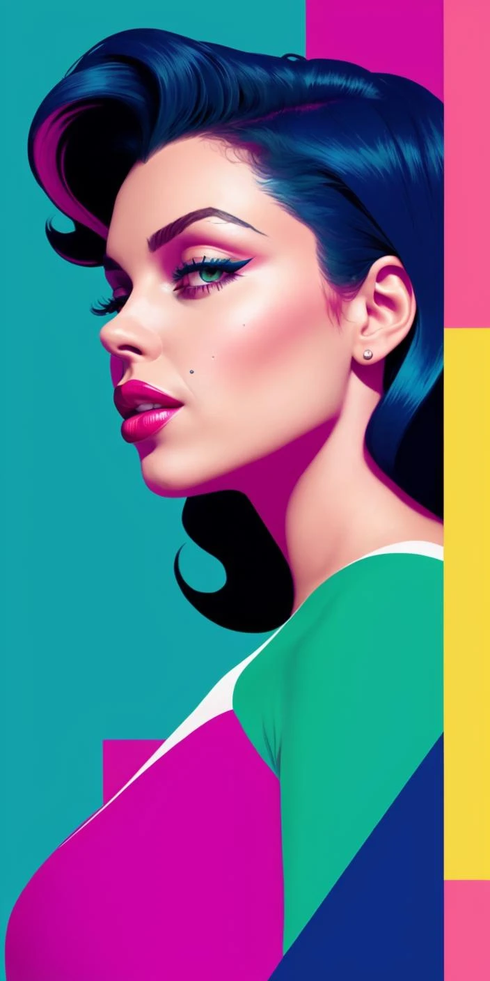 Stunningly beautiful goddess (mix of Vanessa Ferlito | Marilyn Monroe), (character splash art:1.2), model pose, 
Art by Adrian Johnson, 
Bold use of color and geometric shapes to create abstract and stylized illustrations that represent simplicity and minimalism. The artwork embodies playful charm with a child-like innocence and is known for a friendly and approachable tone. Strong visual impact through a harmonious blend of clean lines and bright colors.
by Satori Cantonð§¸