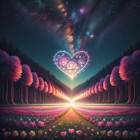 ValentineNatureStyle,flower,outdoors,sky,tree,no humans,night,grass,star (sky),nature,night sky,scenery,starry sky,field,colorful
,heart shaped flower,valentine,  <lora:ValentineNatureStyle:1>