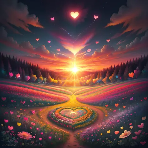 ValentineNatureStyle,flower,heart,outdoors,sky,cloud,tree,no humans,sunlight,cloudy sky,grass,bug,butterfly,nature,scenery,forest,sunset,sun,colorful
,heart shaped flower,valentine,   <lora:ValentineNatureStyle:1>