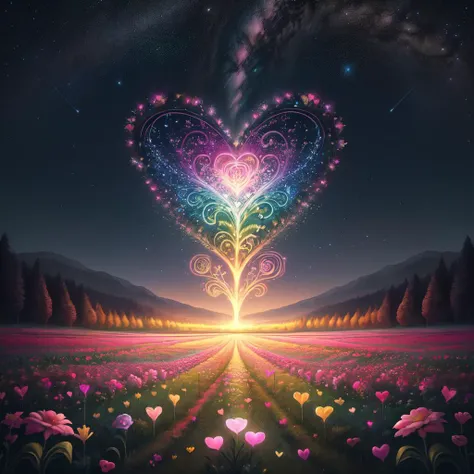 ValentineNatureStyle,flower,outdoors,sky,tree,no humans,night,grass,star (sky),nature,night sky,scenery,starry sky,field,colorful
,heart shaped flower,valentine, <lora:ValentineNatureStyle:1>