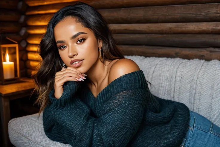 B3ckyG, a photo of a woman, laying on a couch, in a rustic cabin, dark lighting, wearing a cozy oversized off shoulder sweater, detailed eyes, detailed skin, looking at viewer <lora:BeckyG_LoRA_v1:0.8>