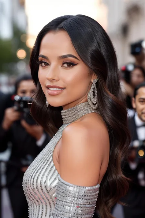 B3ckyG, a photo of a woman, outside of a theater, on the red carpet, as a movie star at a premier, ((wearing a colorful patterned turtleneck gala dress)), smiling, detailed eyes, detailed skin, bare shoulders, long layered black hair hairstyle, (eyeliner, mascara, eyeshadow, diamond necklace, diamond earrings, diamond bracelet), ((paparazzi taking photos in background)), posing for a photo, portrait, in focus, looking at viewer <lora:BeckyG_LoRA_v1:0.85>