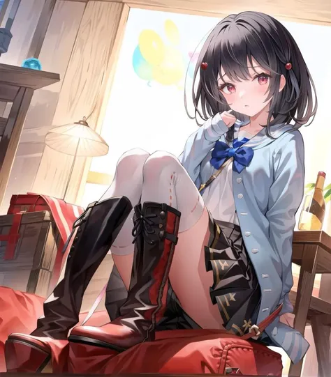 masterpiece, best quality, 1 girl, <lora:vikalaGranblueFantasy_20:1>, invikala, black hair, black_skirt, hair ornament, red eyes, red boots, short hair, shoulder bag, white thighhighs,