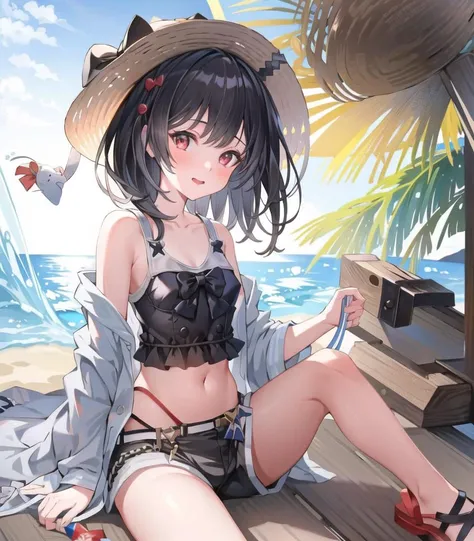 masterpiece, best quality, 1 girl, <lora:vikalaGranblueFantasy_20:1>, invikala_swim, bare sholder, black shirt, black hair, black shorts, hat bow, navel, red eyes, sandals, short hair, short shorts, sun hat,