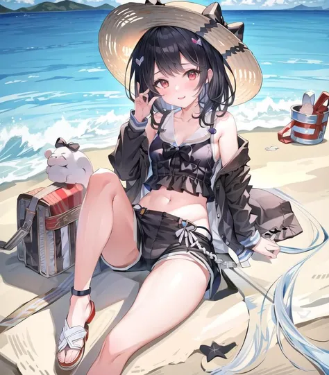 masterpiece, best quality, 1 girl, <lora:vikalaGranblueFantasy_20:1>, invikala_swim, bare sholder, black shirt, black hair, black shorts, hat bow, navel, red eyes, sandals, short hair, short shorts, sun hat, beach