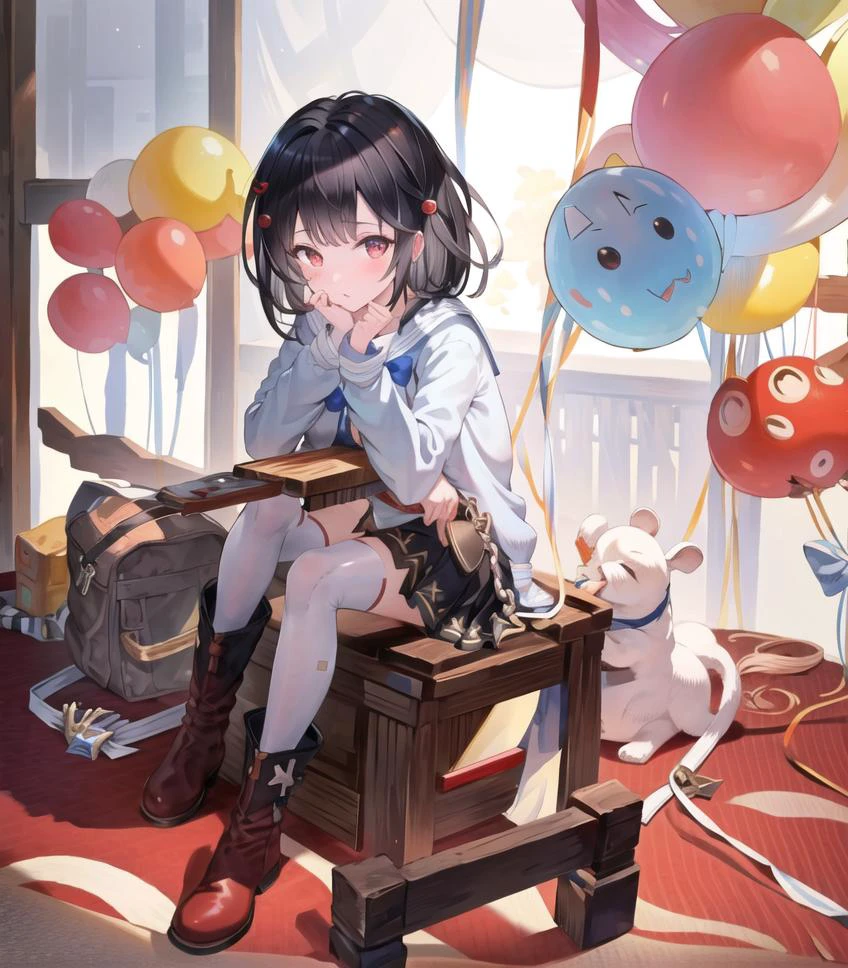 masterpiece, best quality, 1 girl, <lora:vikalaGranblueFantasy_20:1>, invikala, black hair, black_skirt, hair ornament, red eyes, red boots, short hair, shoulder bag, white thighhighs,