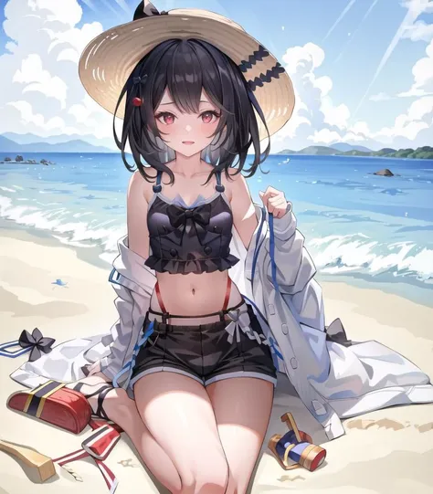 masterpiece, best quality, 1 girl, <lora:vikalaGranblueFantasy_20:1>, invikala_swim, bare sholder, black shirt, black hair, black shorts, hat bow, navel, red eyes, sandals, short hair, short shorts, sun hat, beach