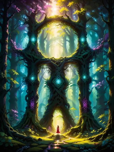 <loractl:envybetterhiresfixxl01-xl:0.2:hr=1.0> <lora:add-detail-xl:2.4> <lora:xl_more_art-full-xl:0.6> <lora:rmsdxl_enhance-xl-by_rmada:2.0> <lora:lyco-style-envydramaticlightingxl01_digital_art-xl:0.4> <lora:rmsdxl_darkness_cinema-xl-by_rmada:0.4> <lora:style-neon-xl-by_kuritsutian197:0.3> neon_style, famous painting by (eyvind earle:1.3), (colorful:1.2), poster style, cover art, (druidic magic:1.4), (glowing celtic knots:1.4), at night, in the depths of the lush ancient forest, a mysterious celtic druid sanctuary comes to life in a hidden glade, moonbeams pierce through the canopy and illuminate the moss-covered standing stones and an ancient altar, a towering druidic magic portal provides passage to another world, low angle, overgrown, dappled light, crepuscular rays, dreamlike, otherworldly, ethereal, hazy background, mystic, dark, low-key, black, teal, green, purple, blue, red, yellow, ultra detailed