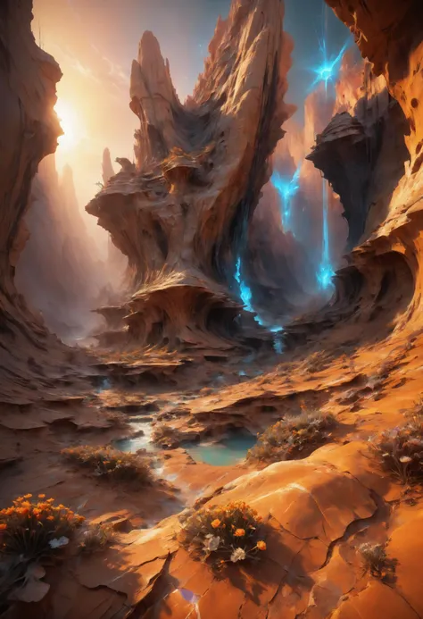 alien landscape, Echoing canyons carved by cosmic forces, Dazzling sandstone formations glowing at sunset , alien flora, dense light rays, <lora:Neon_Style_XL:0.7>, <lora:great_lighting:0.4> great lighting,  <lora:YossiKotlerXLStyle:0.8> yktlr