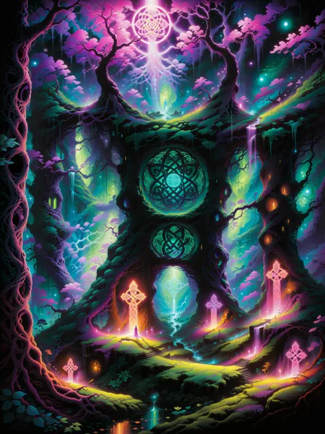<loractl:envybetterhiresfixxl01-xl:0.2:hr=1.0> <lora:add-detail-xl:2.4> <lora:xl_more_art-full-xl:0.6> <lora:rmsdxl_enhance-xl-by_rmada:2.0> <lora:lyco-style-envydramaticlightingxl01_digital_art-xl:0.4> <lora:rmsdxl_darkness_cinema-xl-by_rmada:0.4> <lora:lyco-style-envyfeverdreamxl01-xl:1.0>,<lora:style-neon-xl-by_kuritsutian197:0.3> neon_style, famous painting by (eyvind earle and mike mignola and kay nielsen:1.3), (colorful:1.2), movie poster style, cover art, (druidic magic:1.4), (glowing celtic knots:1.4), at night, in the depths of the lush ancient forest, a mysterious celtic druid sanctuary comes to life in a hidden glade, moonbeams pierce through the canopy and illuminate the moss-covered standing stones and an ancient altar, a towering druidic magic portal provides passage to another world, low angle, overgrown, dappled light, crepuscular rays, dreamlike, otherworldly, ethereal, hazy background, mystic, dark, low-key, black, teal, green, purple, blue, red, yellow, ultra detailed