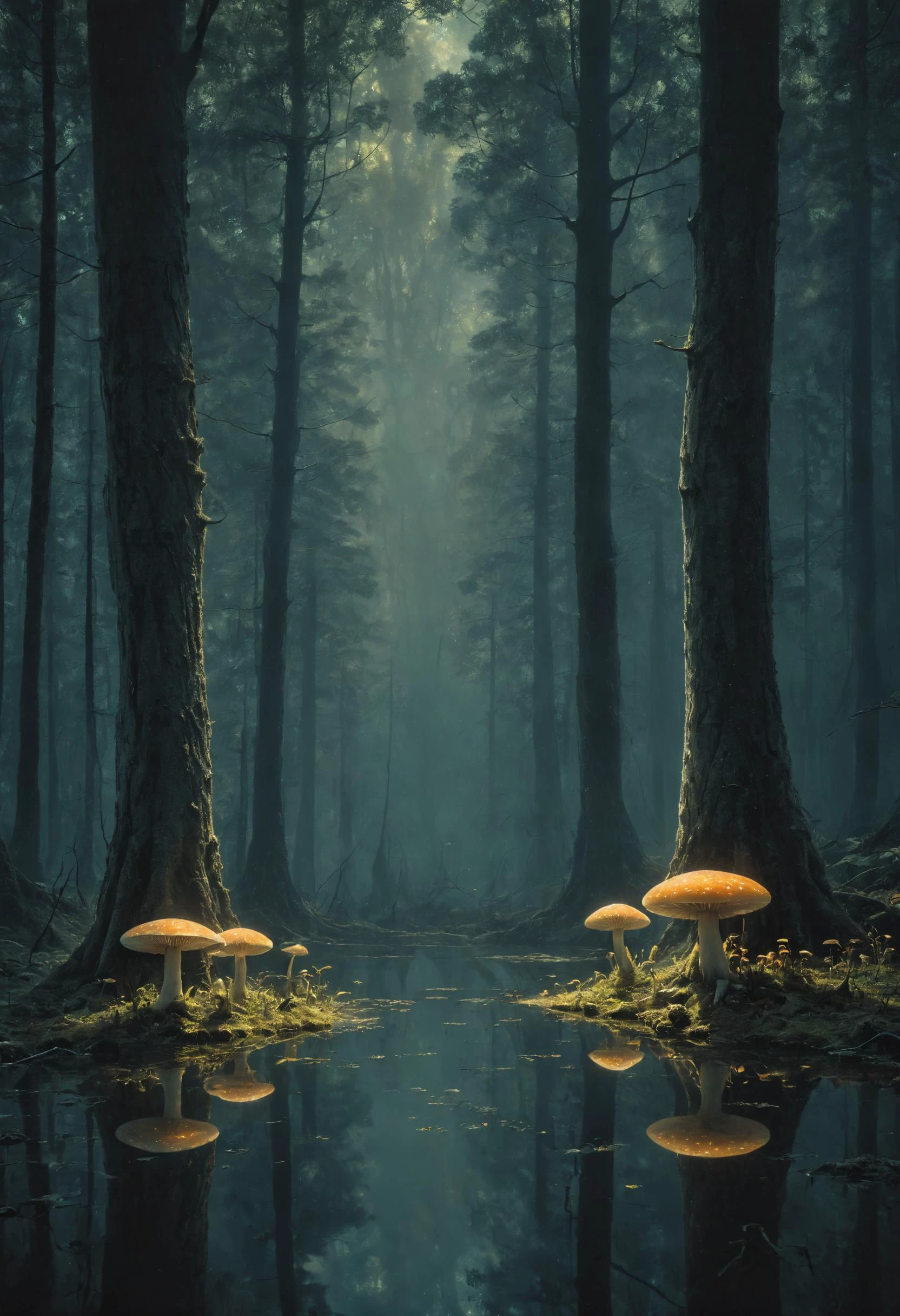 alien landscape, Luminous fungi carpeting the forest floor, Mirror-like lake reflecting surrounding forest , alien flora, soft shaded, <lora:Neon_Style_XL:0.7>, <lora:great_lighting:0.4> great lighting, <lora:The_Dark_Side_of_the_Earth:0.8>