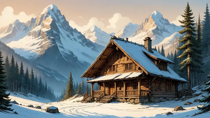 A mountain retreat, where a wooden cabin stands against a backdrop of snow-capped peaks, the air crisp with the scent of pine, ink art, line art,, Hard Lighting,, sharp focus, illustration, concept art by greg rutkowski and alphonse mucha <lora:InkArtXL_1.2:0.7> <lora:SDXLFaeTastic2400:0.4> <lora:Neon_Style_XL:0.7> <lora:detailed_notrigger:0.8>