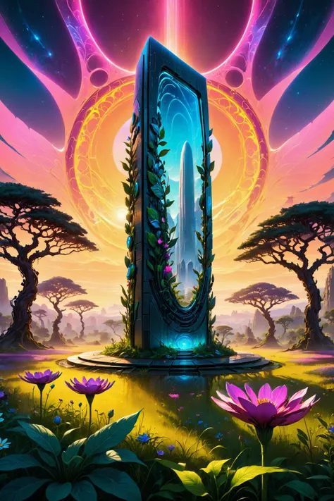 neon_style, Imagine a digital artwork that combines the essence of a Techno-Natural Utopia with the mystique of an Ancient Monolith. In this utopian landscape, advanced technology and lush alien vegetation coexist in perfect harmony. At the center of this otherworldly garden stands an imposing monolith, a symbol of ancient wisdom and mystery. Its smooth, reflective surface contrasts with the organic forms surrounding it, yet it seems to be an integral part of the ecosystem. Futuristic structures and devices are seamlessly integrated with the exotic flora around the monolith, creating a vibrant and harmonious environment. The meadow around the monolith is a kaleidoscope of wildflowers, bathed in the golden light of a setting sun, while a blend of natural and subtle mechanical sounds fills the air, creating a serene yet intriguing atmosphere. The art style combines elements of science fiction with pastoral beauty, rendered in vivid colors and intricate details, portraying a world where technology, nature, and ancient mysteries converge in a visually stunning tableau <lora:Neon_Style_XL:1>, <lora:EnvyBetterHiresFixXL01:1>, (masterpiece:1.2), best quality, (hyperdetailed, highest detailed:1.2), high resolution textures