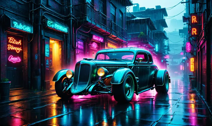 photorealistic, detailed digital illustration of a <lora:CyberPunkAIp:0.7> cyberpunkai rat rod at a Rain-soaked alleyways with flickering neon <lora:xl_more_art-full_v1:0.4>, Hard Lighting, <lora:Neon_Style_XL:0.7>