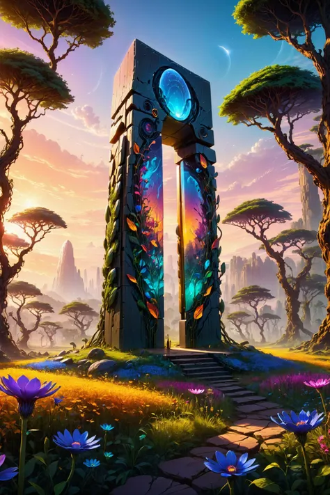 neon_style, Imagine a digital artwork that combines the essence of a Techno-Natural Utopia with the mystique of an Ancient Monolith. In this utopian landscape, advanced technology and lush alien vegetation coexist in perfect harmony. At the center of this otherworldly garden stands an imposing monolith, a symbol of ancient wisdom and mystery. Its smooth, reflective surface contrasts with the organic forms surrounding it, yet it seems to be an integral part of the ecosystem. Futuristic structures and devices are seamlessly integrated with the exotic flora around the monolith, creating a vibrant and harmonious environment. The meadow around the monolith is a kaleidoscope of wildflowers, bathed in the golden light of a setting sun, while a blend of natural and subtle mechanical sounds fills the air, creating a serene yet intriguing atmosphere. The art style combines elements of science fiction with pastoral beauty, rendered in vivid colors and intricate details, portraying a world where technology, nature, and ancient mysteries converge in a visually stunning tableau <lora:Neon_Style_XL:1>, <lora:EnvyBetterHiresFixXL01:1>, (masterpiece:1.2), best quality, (hyperdetailed, highest detailed:1.2), high resolution textures