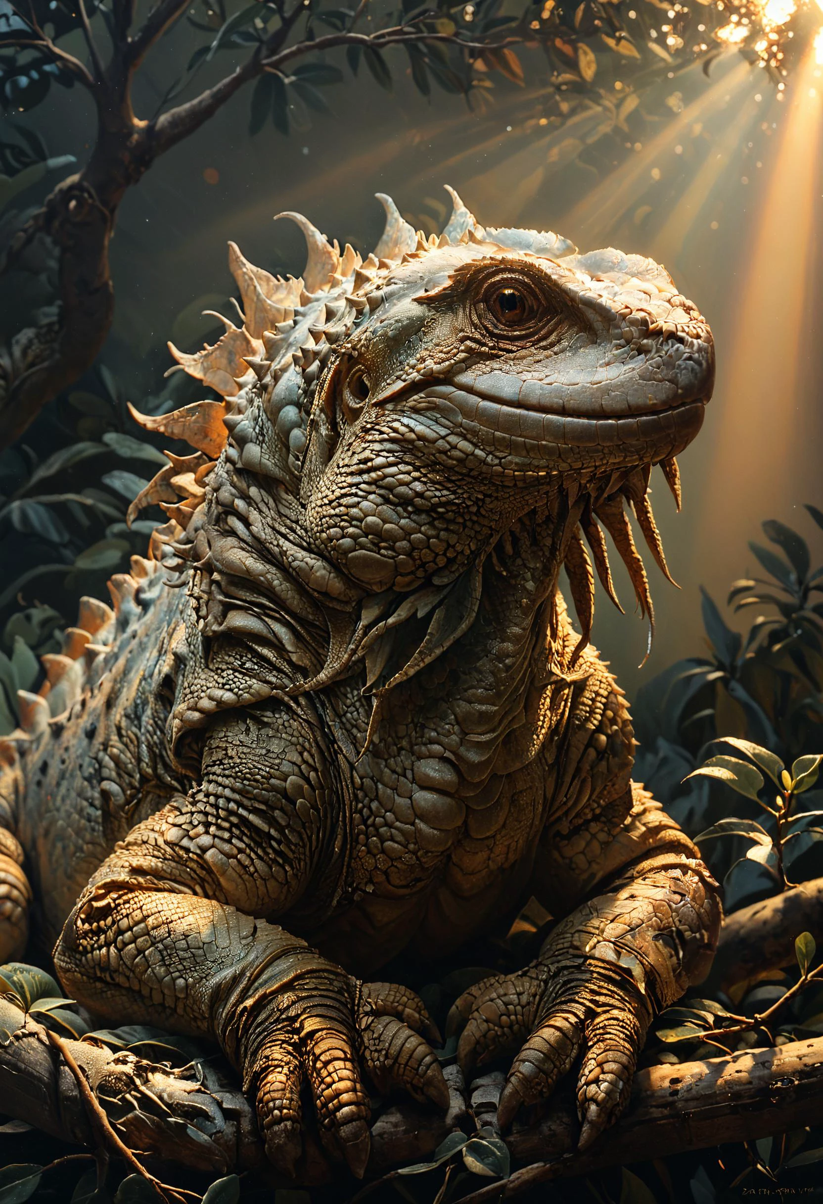<lora:Mythical_Beasts:0.8> fmb Iguana, <lora:add-detail-xl:0.8>, Sunrays shine upon it, <lora:Neon_Style_XL:0.7> <lora:The_Classic:0.8>