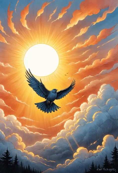 Birds flying high, Sun in the sky, Breeze driftin' on by, <lora:InkArtXL_1.2:0.7> ink art, line art, <lora:great_lighting:0.8> great lighting, Flickering light, <lora:Neon_Style_XL:0.7>