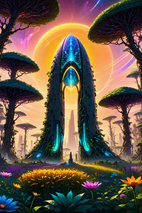 neon_style, Imagine a digital artwork that combines the essence of a Techno-Natural Utopia with the mystique of an Ancient Monolith. In this utopian landscape, advanced technology and lush alien vegetation coexist in perfect harmony. At the center of this otherworldly garden stands an imposing monolith, a symbol of ancient wisdom and mystery. Its smooth, reflective surface contrasts with the organic forms surrounding it, yet it seems to be an integral part of the ecosystem. Futuristic structures and devices are seamlessly integrated with the exotic flora around the monolith, creating a vibrant and harmonious environment. The meadow around the monolith is a kaleidoscope of wildflowers, bathed in the golden light of a setting sun, while a blend of natural and subtle mechanical sounds fills the air, creating a serene yet intriguing atmosphere. The art style combines elements of science fiction with pastoral beauty, rendered in vivid colors and intricate details, portraying a world where technology, nature, and ancient mysteries converge in a visually stunning tableau <lora:Neon_Style_XL:1>, <lora:EnvyBetterHiresFixXL01:1>, (masterpiece:1.2), best quality, (hyperdetailed, highest detailed:1.2), high resolution textures