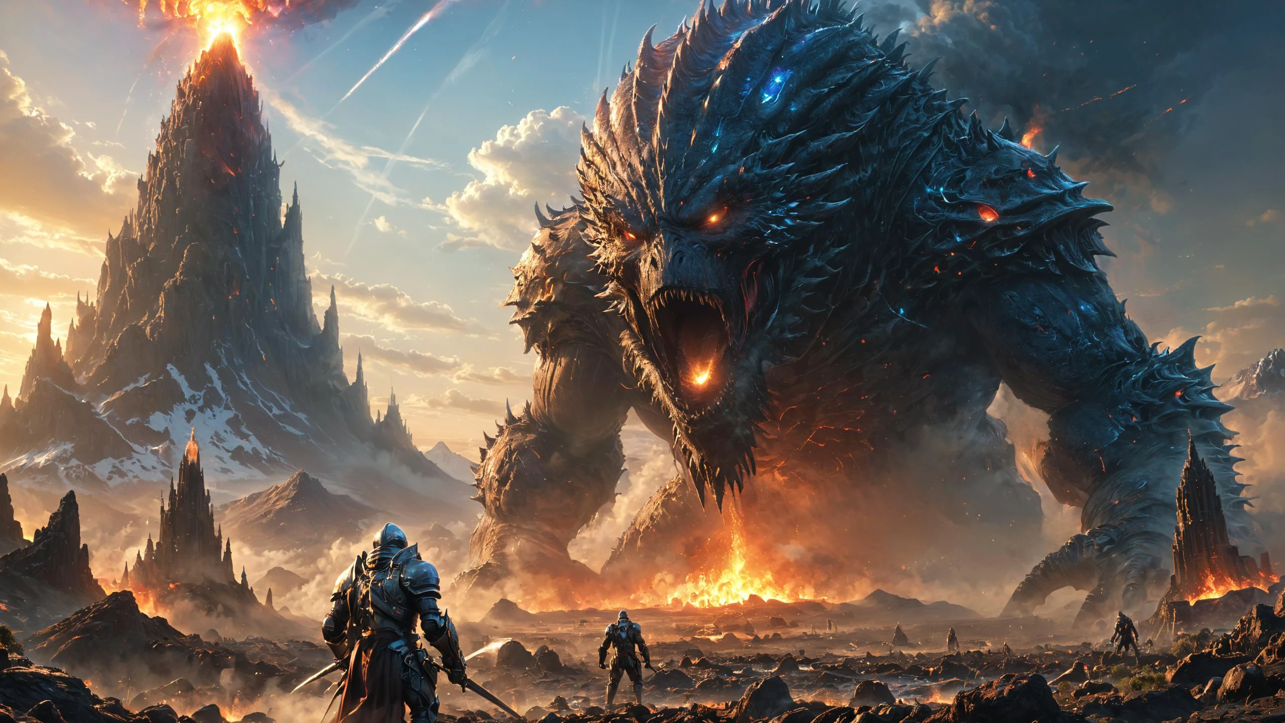 alien landscape, full body Biomechanical towering metallic giant monsters, Glittering crystal spires piercing the horizon, Steaming geysers amidst volcanic landscapes , alien flora, alien fauna, Lens Flare, <lora:Neon_Style_XL:0.7>, <lora:xl_more_art-full_v1:0.4> <lora:XL_boss_battle:1> Bosstyle, highly detailed, photorealism, hyperrealism, sharp focus