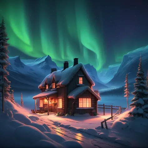 A cozy cottage nestled in a snowy valley, smoke curling from its chimney under the glow of the northern lights, 2k <lora:Neon_Style_XL:1> <lora:add-detail-xl:1>
