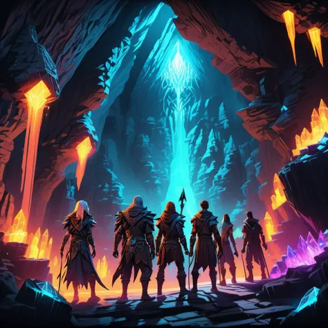 A group of adventurers exploring a cavernous dungeon filled with glowing crystals and dangerous creatures, 8k <lora:add-detail-xl:1> <lora:Neon_Style_XL:1>