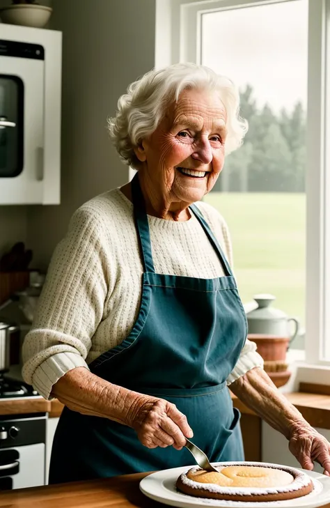 WholesomeGrannies, award winning portrait photo of a woman, smiling, baking a cake in her farmhouse kitchen, Key light, backlight, soft natural lighting, photography 1400 ISO film grain 100mm lens RAW aperture, highly detailed, ((full body)), (analog photography:1.0), hdr colors, Style-Kilt, by lee jeffries nikon d850 film stock photograph 4 kodak portra 400 camera f1.6 lens rich colors hyper realistic lifelike texture dramatic lighting unrealengine trending on artstation cinestill 800
