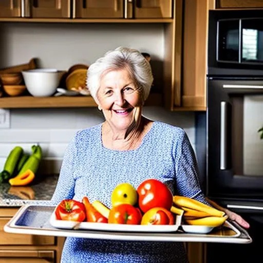 WholesomeGrannies, award winning portrait photo of a woman, smiling, food, kitchen,