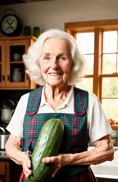 WholesomeGrannies, award winning portrait photo of a woman, smiling, holding a ((long cucumber)), in her farmhouse kitchen, Key light, backlight, soft natural lighting, photography 1400 ISO film grain 100mm lens RAW aperture, highly detailed, ((full body)), (analog photography:1.0), hdr colors, Style-Kilt, by lee jeffries nikon d850 film stock photograph 4 kodak portra 400 camera f1.6 lens rich colors hyper realistic lifelike texture dramatic lighting unrealengine trending on artstation cinestill 800
