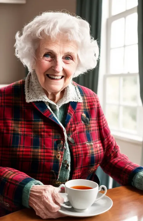 WholesomeGrannies, award winning portrait photo of a woman, laughing, drinking a cup of tea in her farmhouse kitchen, Key light, backlight, soft natural lighting, photography 1400 ISO film grain 100mm lens RAW aperture f1.4, highly detailed, ((full body)), (analog photography:1.0), hdr colors, Style-Kilt