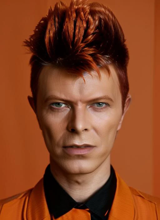 portrait of sks man (bowie:1) by Flora Borsi, style by Flora Borsi, bold, bright colours, orange Mohawk haircut, ((Flora Borsi)), <lora:bowie:1>